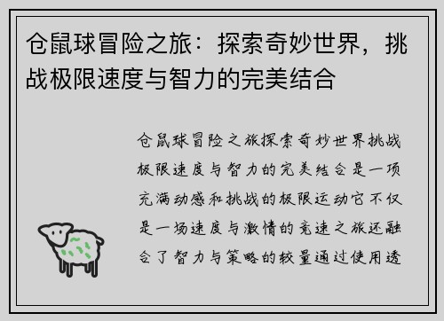仓鼠球冒险之旅：探索奇妙世界，挑战极限速度与智力的完美结合